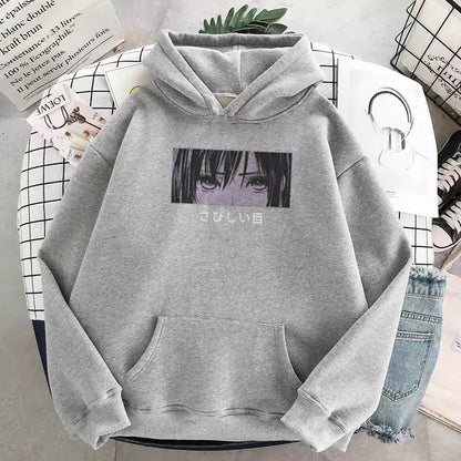 Cute Anime Girl Sad Eyes Hoodie Loose Long Sleeve Sweatshirt Sweater Pullover Jumper Casual E-Girl Kawaii Korean Japanese Harajuku Streetwear