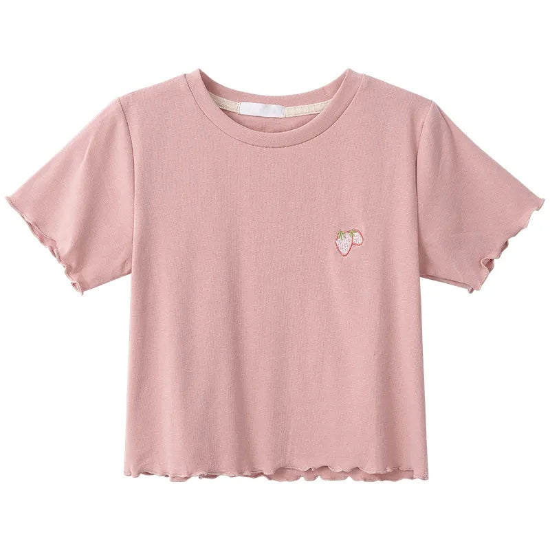 Strawberry Embroidery Ruffle Short Sleeve Shirt