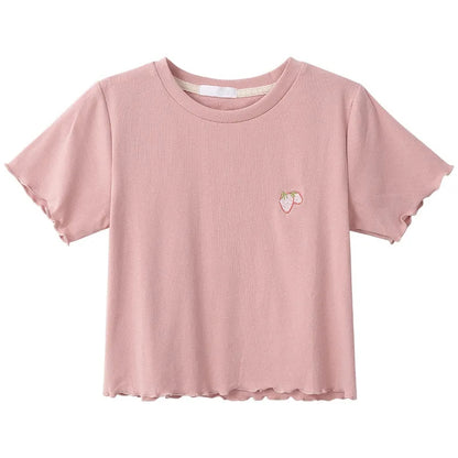 Strawberry Embroidery Ruffle Short Sleeve Shirt