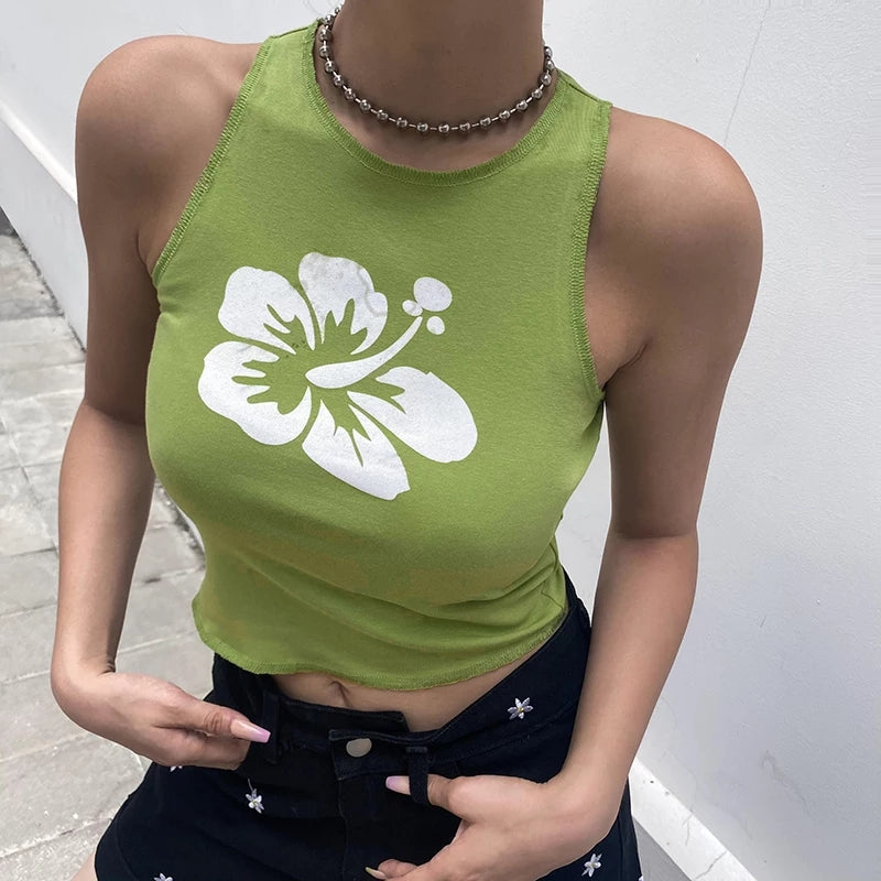 Cute Hawaii Flower Tank Crop Top Vintage Short Sleeve Shirt Sleeveless O Neck Casual Summer E-Girl Kawaii Korean Japanese Harajuku Streetwear