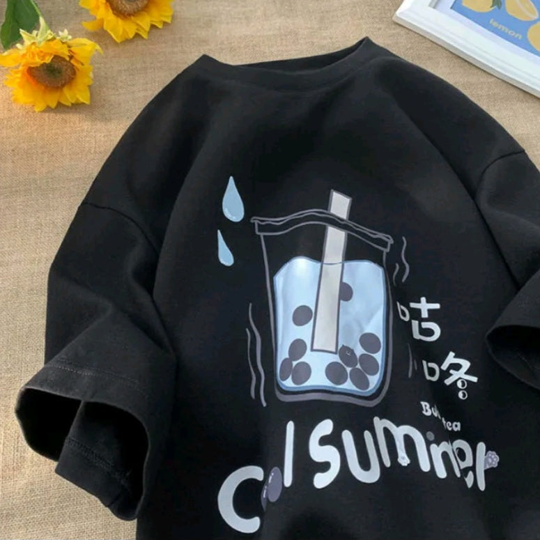 Bubble Milk Tea Print Short Sleeve T-shirt