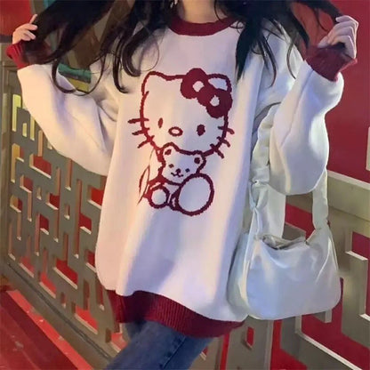 Kitty Cat Cartoon Long Sleeve Shirt Knit Sweater Sweatshirt Pullover Aesthetic Casual E-Girl Kawaii Korean Japanese Harajuku