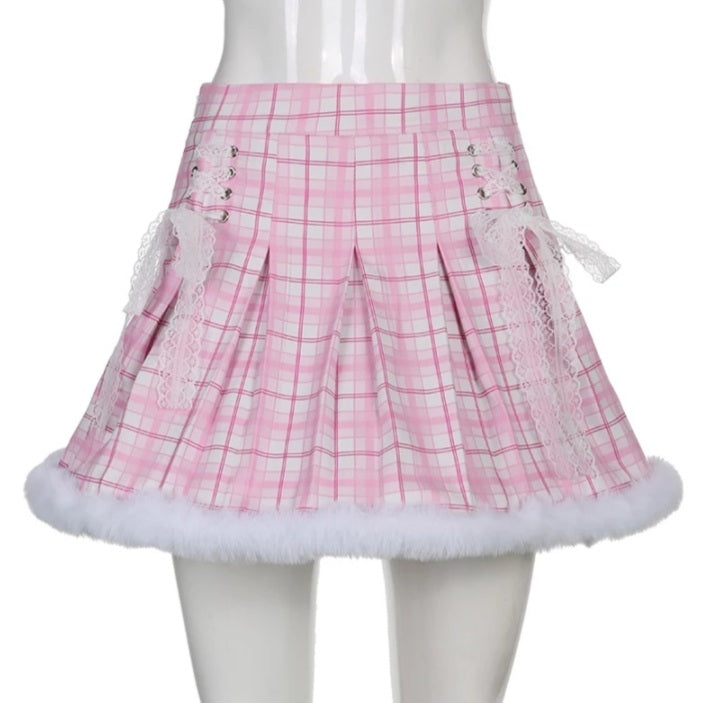 Cute Pink Plaid Feather Lace Up Pleated High Waist A-line Mini Skirt Summer Aesthetic Casual E-Girl Kawaii Korean Japanese Harajuku