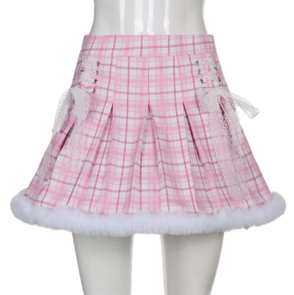 Cute Pink Plaid Feather Lace Up Pleated High Waist A-line Mini Skirt Summer Aesthetic Casual E-Girl Kawaii Korean Japanese Harajuku