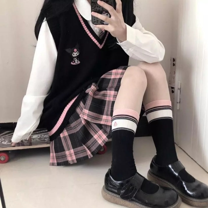 Cute Anime Cartoon Print Knit Vest Sweater Crop Top V Neck Sleeveless Shirt Aesthetic Casual Summer E-Girl Kawaii Korean Japanese Harajuku