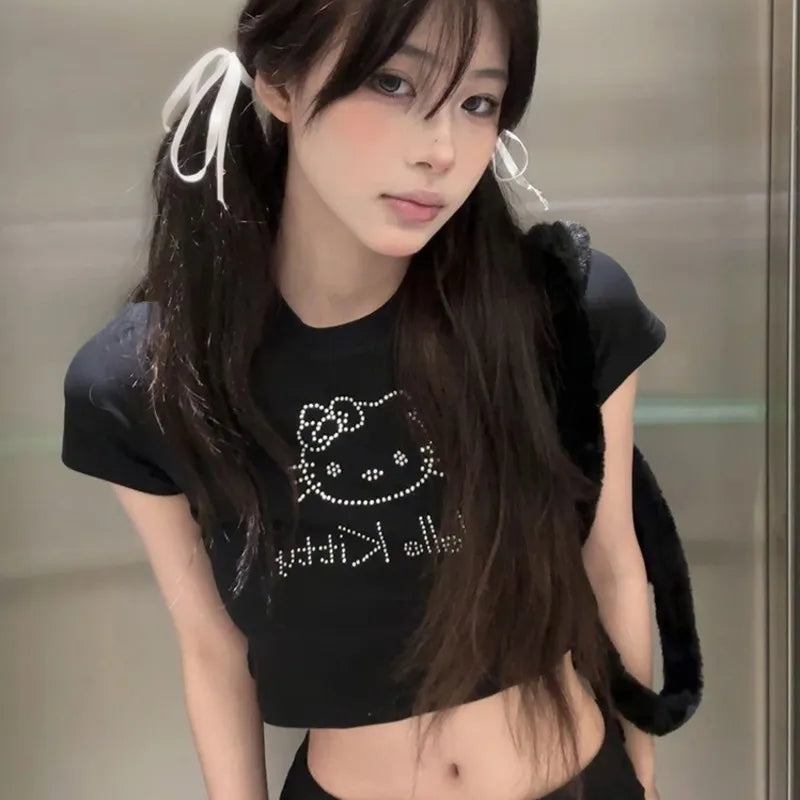 Japanese Cat Rhinestone Crop Top