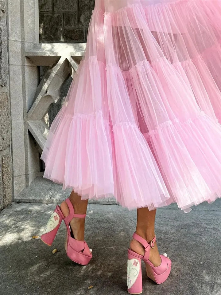 Pink Fairy Mesh Puffy Square Neck Long Dress