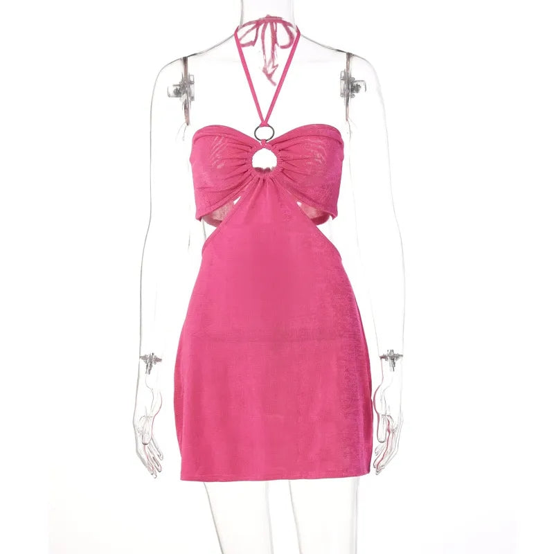 Pink Cut Out Halter Backless Dress