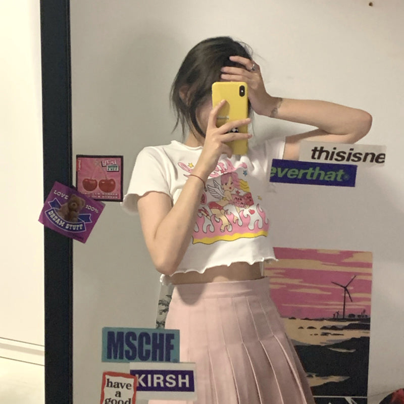 Angel Print Ruffle Short Sleeve T-shirt