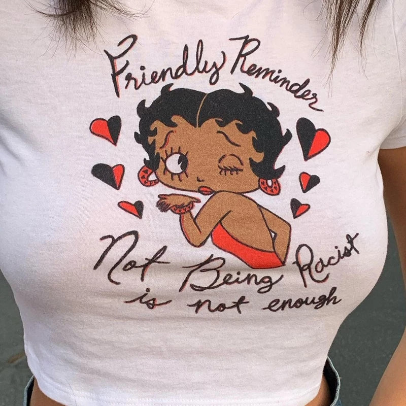 Cute 90s Vintage Betty Girl Cartoon Print White Short Sleeve Tshirt Crop Top Aesthetic Casual Summer E-Girl Kawaii Korean Japanese Haraju