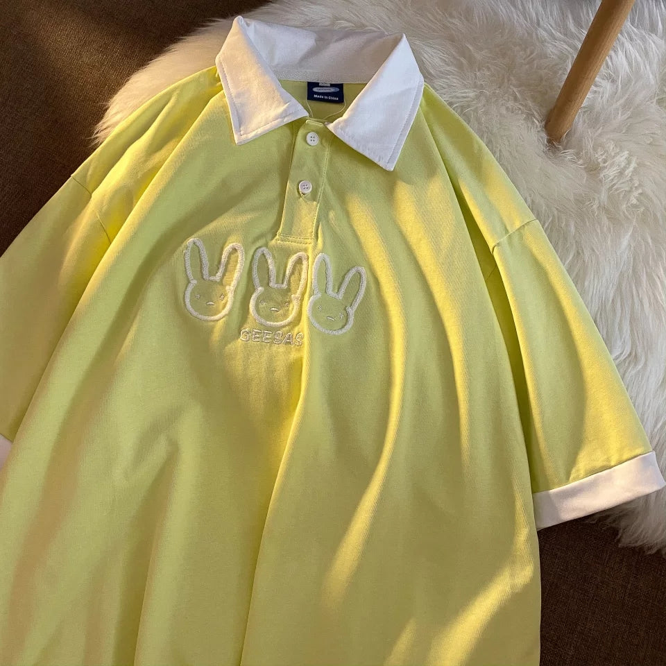 Cute Pastel Bunny Rabbit Embroidery Polo Short Sleeve T- Shirt Top Aesthetic Casual Summer E-Girl Kawaii Korean Japanese Harajuku