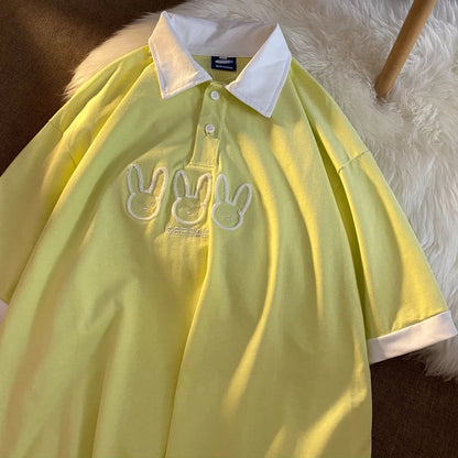 Cute Pastel Bunny Rabbit Embroidery Polo Short Sleeve T- Shirt Top Aesthetic Casual Summer E-Girl Kawaii Korean Japanese Harajuku