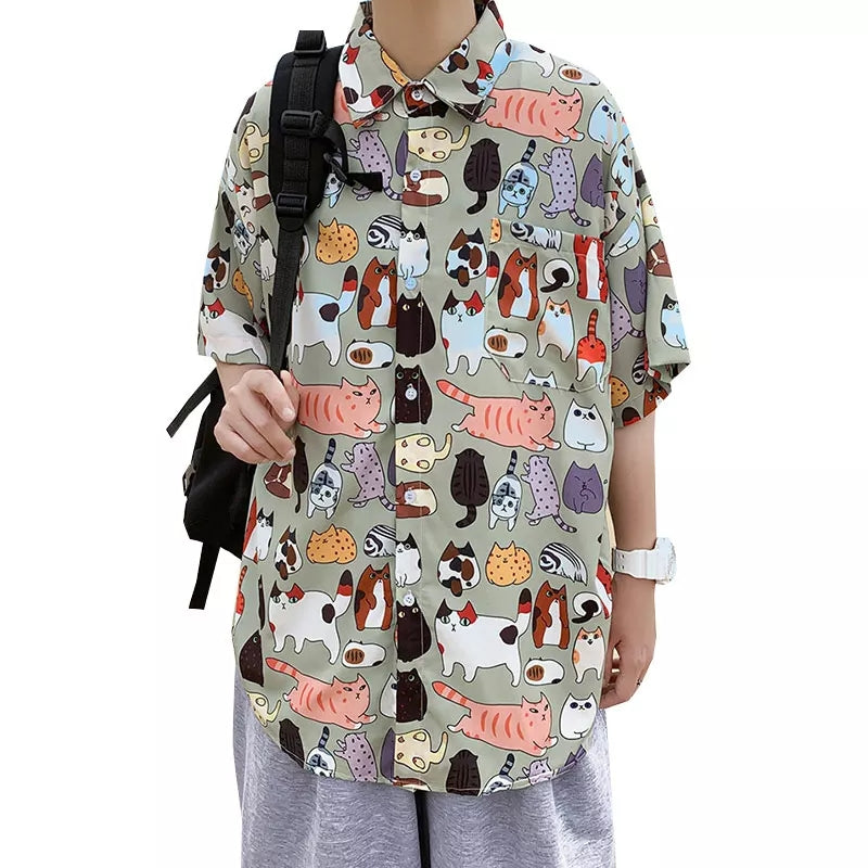 Cute Vintage Unisex Cat Cartoon Print Loose Short Sleeve Shirt Button Up Aesthetic Casual Summer E-Girl Kawaii Korean Japanese Harajuku