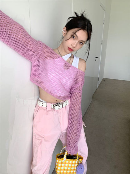 Pink Hollow Out Knit Cropped Sweater