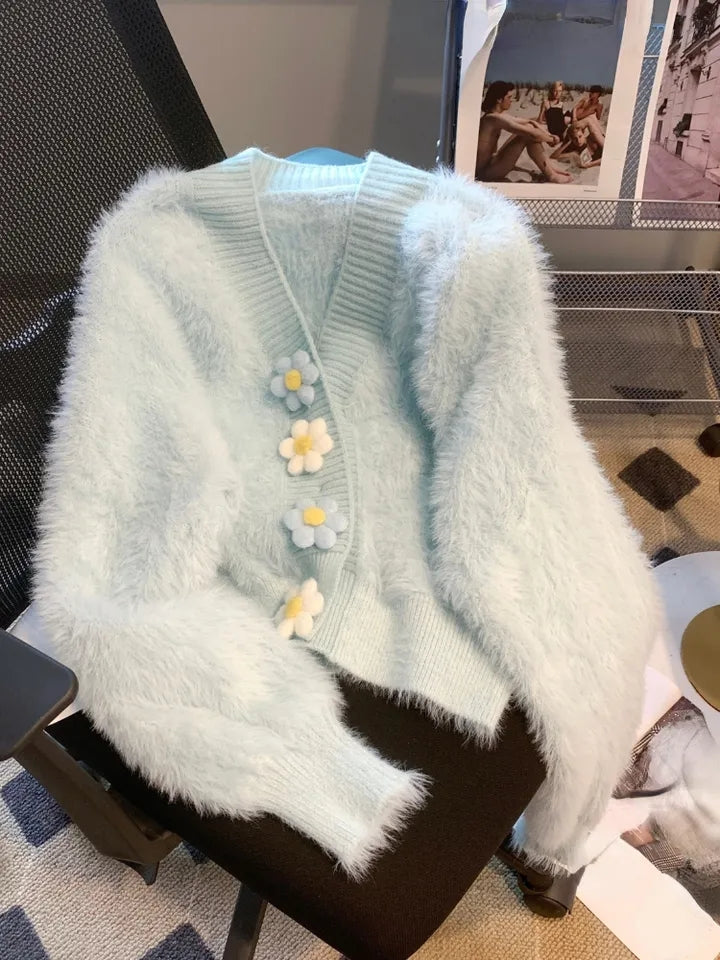 Fluffy Flower Button Cardigan