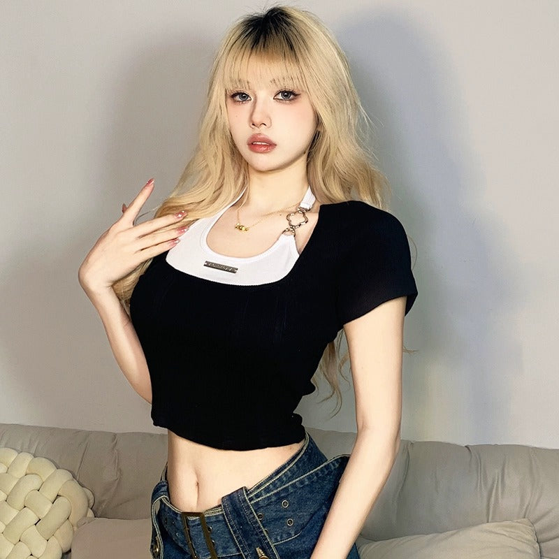 Pink Square Neck Crop Top