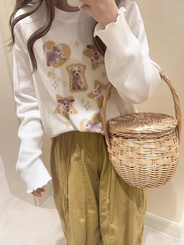 Cat Heart Print Ribbed Long Sleeve Shirt