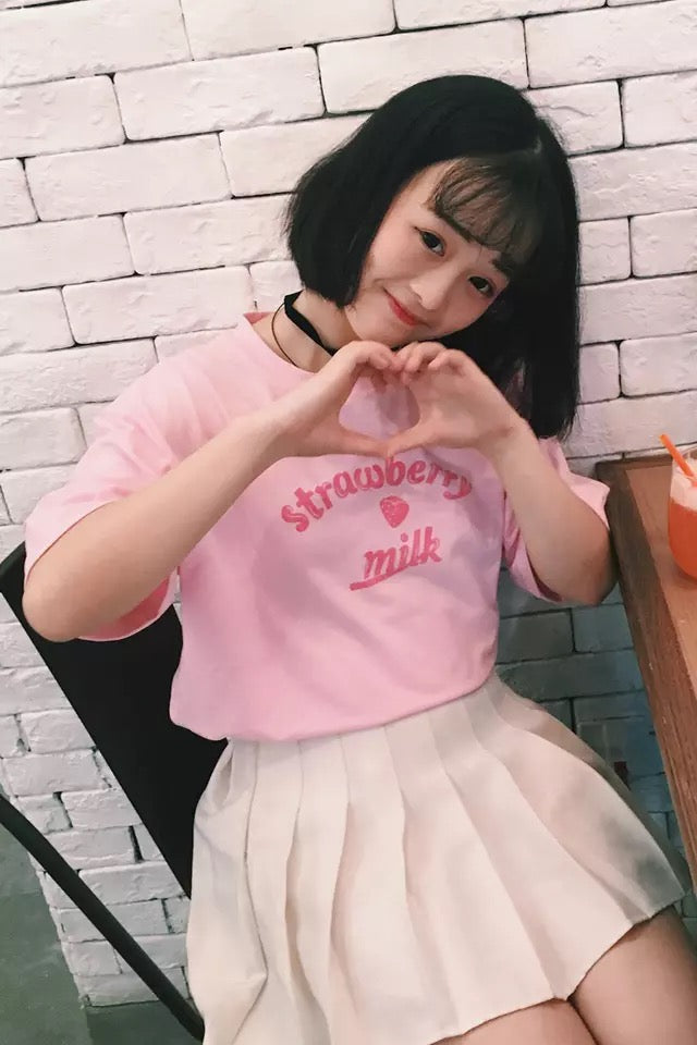 Cute Pastel Pink Strawberry Milk Causal Letter Print Short Sleeve T-shirt Top Tee Shirt E-Girl Kawaii Korean Japanese Harajuku Streetwear