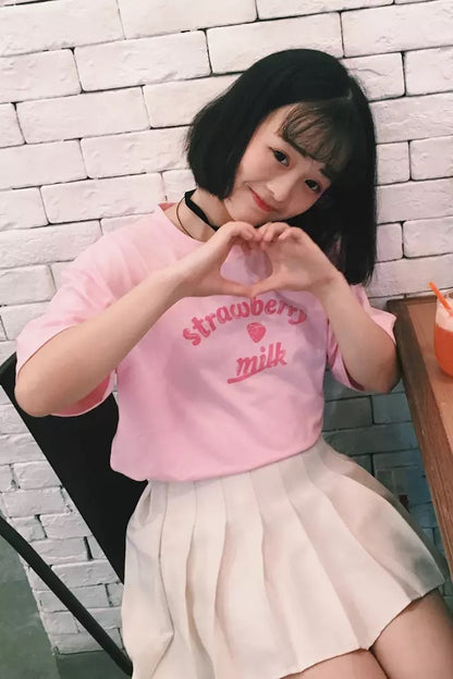 Cute Pastel Pink Strawberry Milk Causal Letter Print Short Sleeve T-shirt Top Tee Shirt E-Girl Kawaii Korean Japanese Harajuku Streetwear