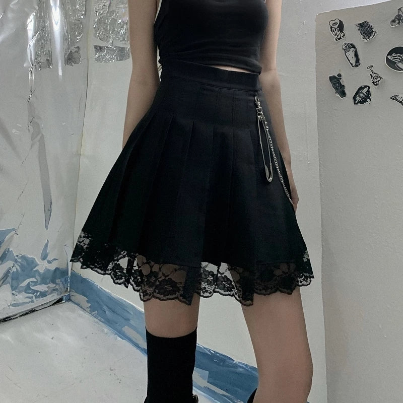 Cute White Black Chain Lace High Waist A-line Pleated Skirt Summer Aesthetic Casual E-Girl Kawaii Korean Japanese Harajuku