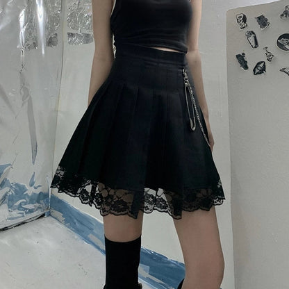 Cute White Black Chain Lace High Waist A-line Pleated Skirt Summer Aesthetic Casual E-Girl Kawaii Korean Japanese Harajuku