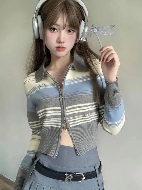 Striped Zipper Knit Cropped Jumper