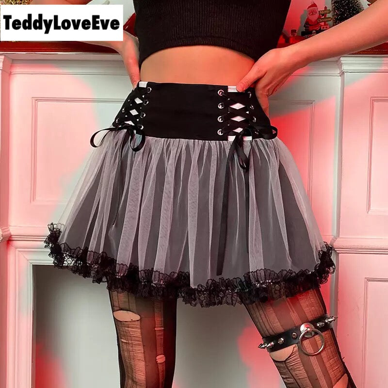 Sexy Goth Dark Punk Mesh A Line Skirt Lace Up Patchwork Ribbon Lace Trim High Waisted Summer Casual E-Girl Kawaii Korean Japanese Harajuku Streetwear