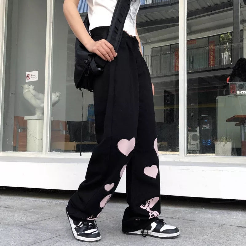 Black Skeleton Print Loose Waist Wide Leg Pants