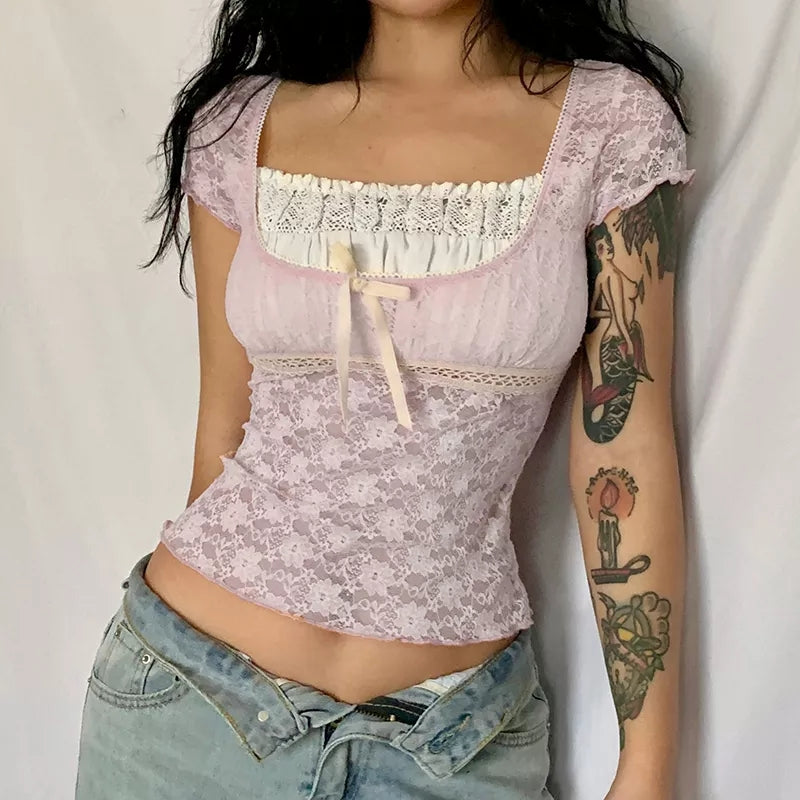 Cute Sweet Pink Lace Trim Short Sleeve Shirt Crop Top Summer Aesthetic Casual E-Girl Kawaii Korean Japanese Harajuku