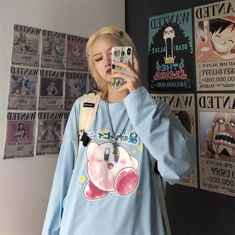 Japanese Anime Cartoon Print Oversize Long Sleeve Shirt