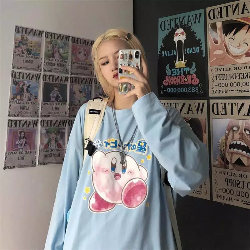 Japanese Anime Cartoon Print Oversize Long Sleeve Shirt