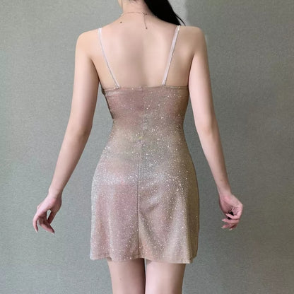 Cute Sexy Sparkle Rhinestone Mini Dress Low Neck Sleeveless Backless Night Club Bodycon Summer Aesthetic Casual E-Girl Kawaii Korean Japanese Harajuku