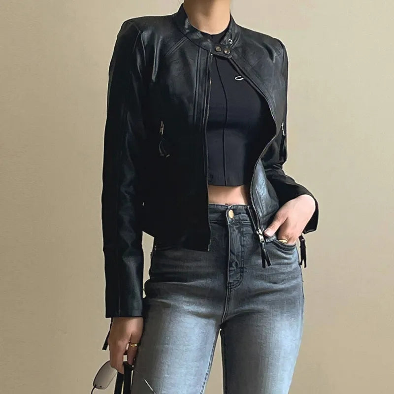 Black PU Leather Zipper Jacket