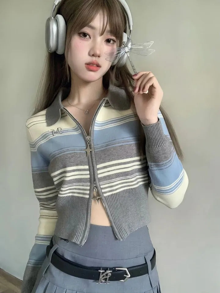 Striped Zipper Knit Cropped Jumper