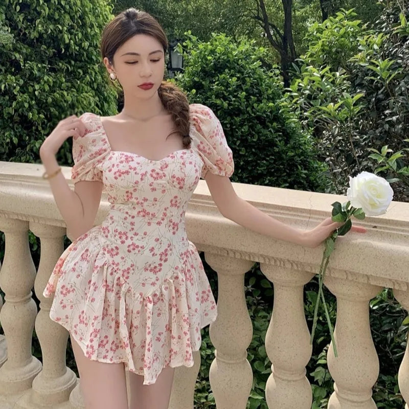 Floral Square Neck Puff Sleeve Dress