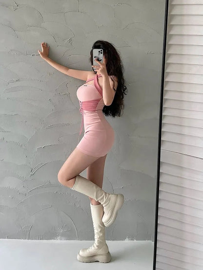 Pink Tie Up Corset Waist Bodycon Mini Dress