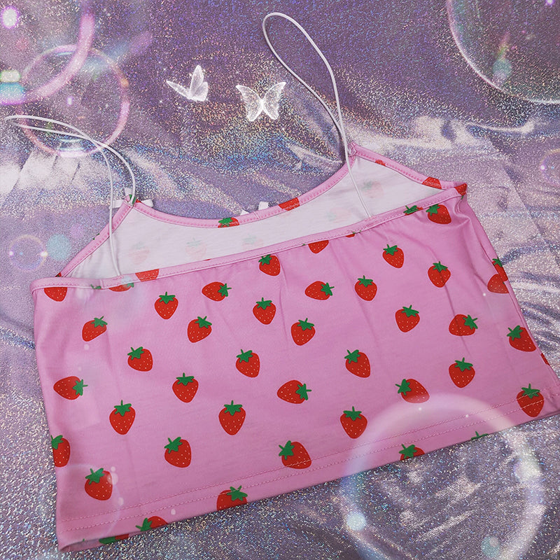 Cute Strawberry Fruit Spaghetti Strap Crop Top Camisole Shirt Tee T-shirt E-Girl Kawaii Korean Japanese Harajuku Chinese Retro Streetwear Aesthetic