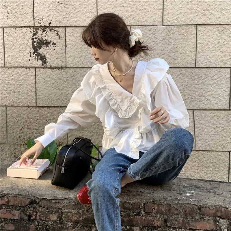 White Ruffle Long Sleeve Blouse