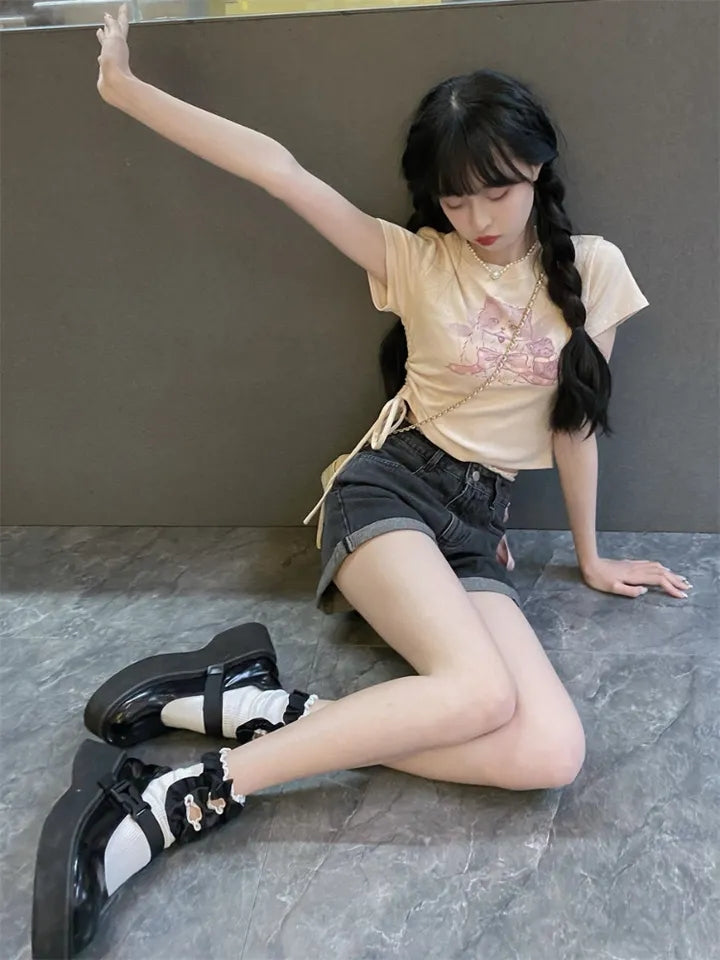 Cat Print Ribbed Short Sleeve T-shirt