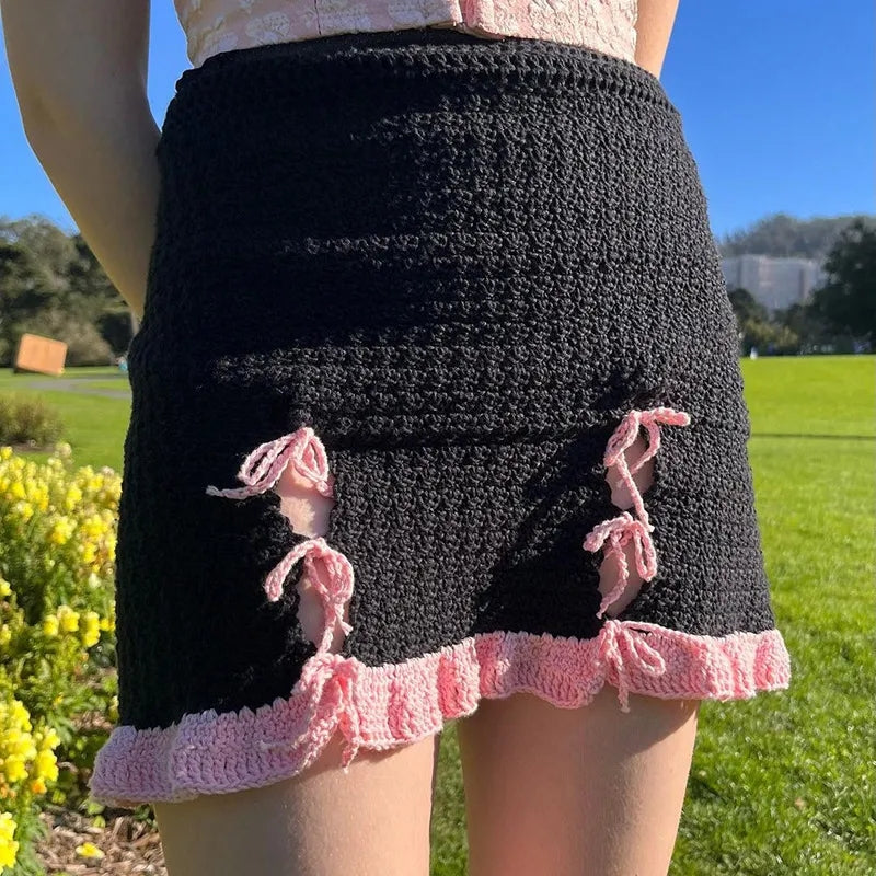 Black & Pink Knit Bow Splice Mini Skirt