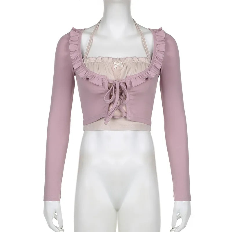 Purple & White Patchwork Ruffle Halter Crop Top