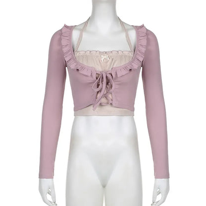 Purple & White Patchwork Ruffle Halter Crop Top