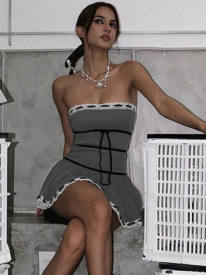 Lace Tie Up Strapless Mini Dress