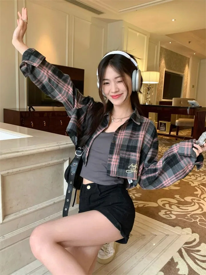 Pink & Black Plaid Cropped Long Sleeve Shirt
