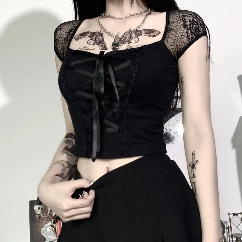 Black Bandage Ribbon Bow Lace Crop Top
