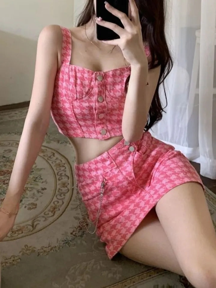2PCS Pink Plaid Tank Top + Denim Mini Skirt