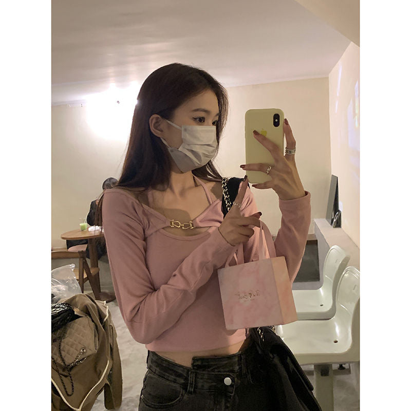 Black Halter Chain Long Sleeve T-shirt