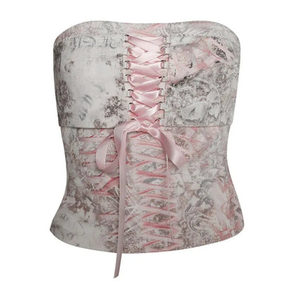 Pink Floral Ribbon Lace Up Corset Top