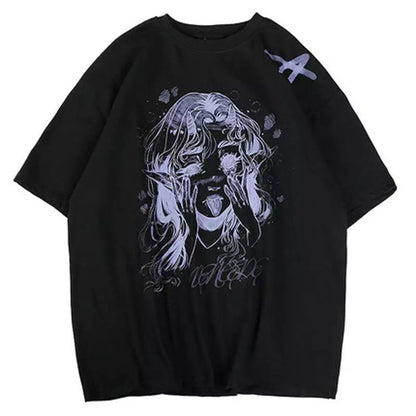 Cute White Elf Anime Girl Cartoon Print Short Sleeve T-shirt Top Oversize Loose Goth Punk Aesthetic E-Girl Kawaii Korean Japanese Harajuku Streetwear