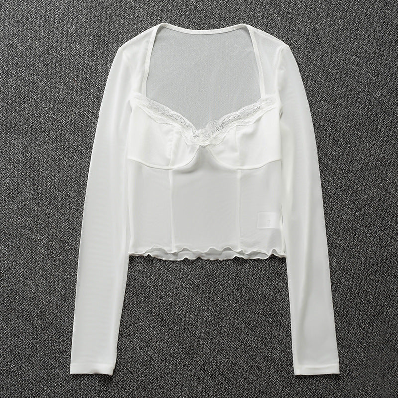 White Lace Trim Mesh Square Neck Long Sleeve Shirt
